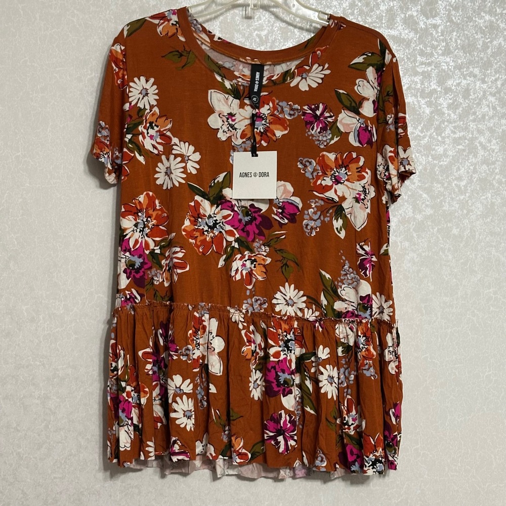 Agnes & Dora Relaxed Ruffle Tee Floral Peplum Top Organic Girl Max Copper NWT XL